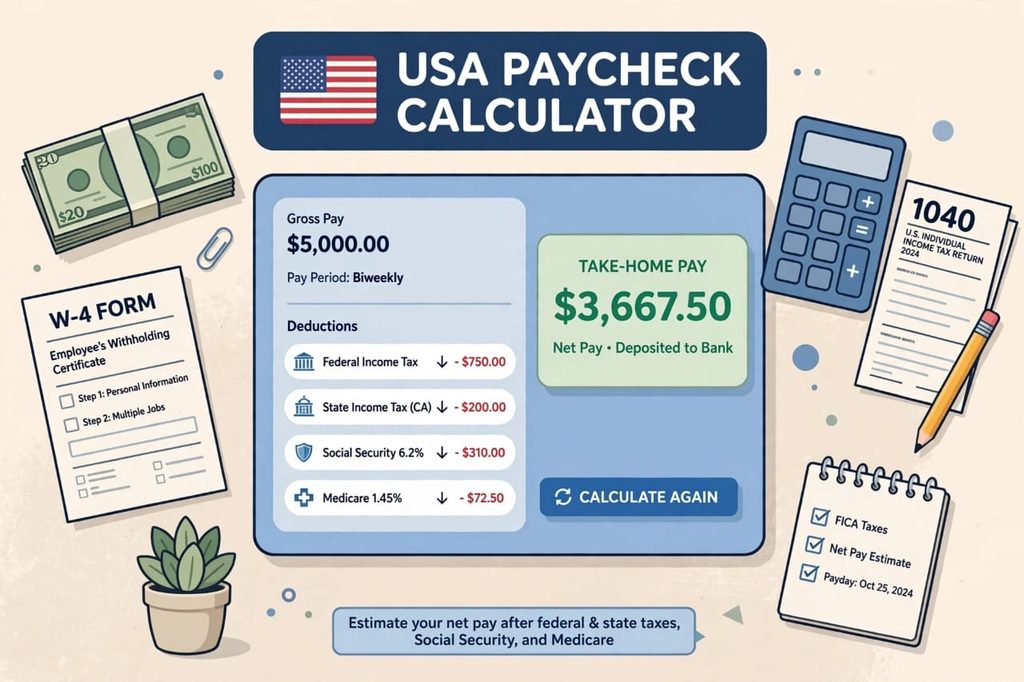 Paycheck Calculator 2026 USA - FICA Taxes and Net Pay Estimate